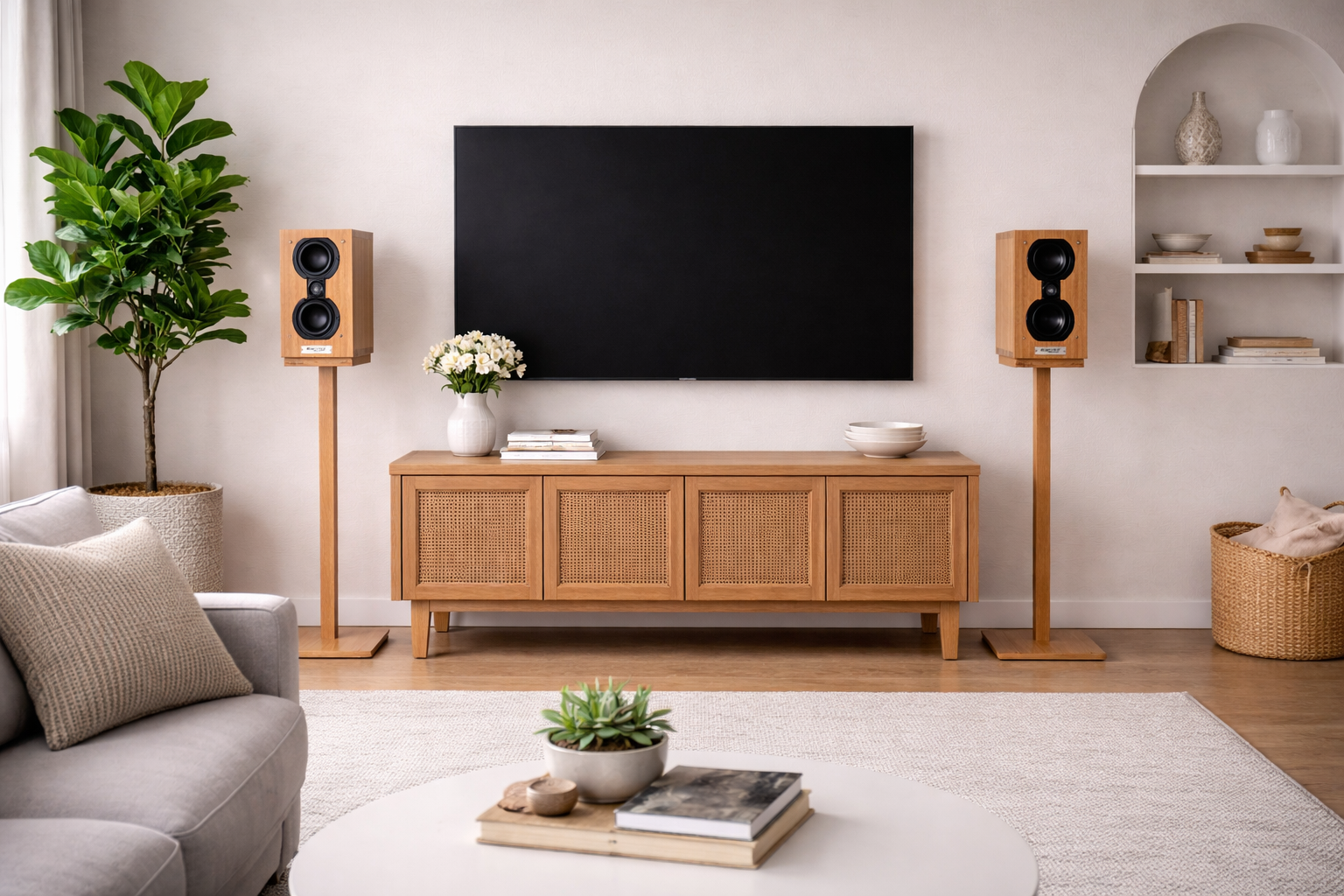 Modern living room with stylish speakers