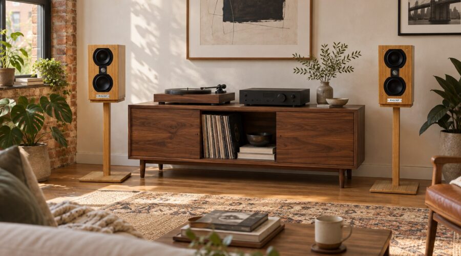 Bache Audio Sofia 101 bamboo speakers on stands in a sunlit listening room