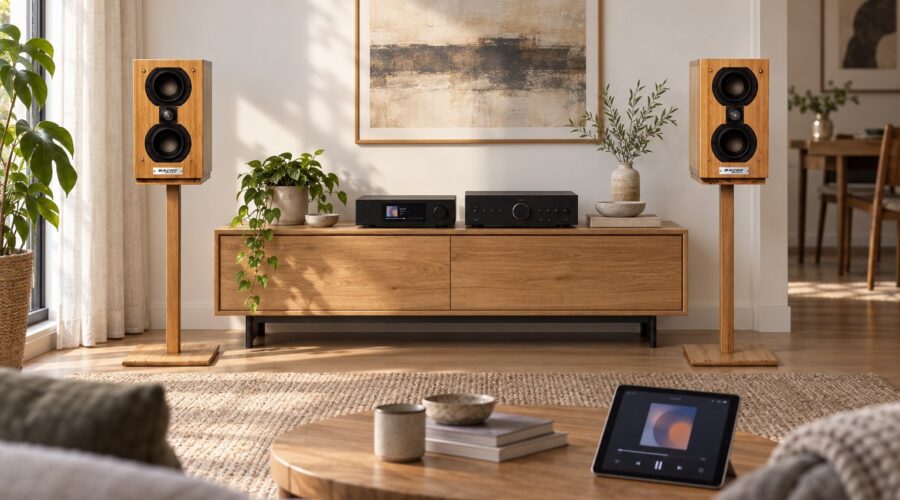 Bache Audio Sofia 101 speakers on wooden stands beside a music streaming system