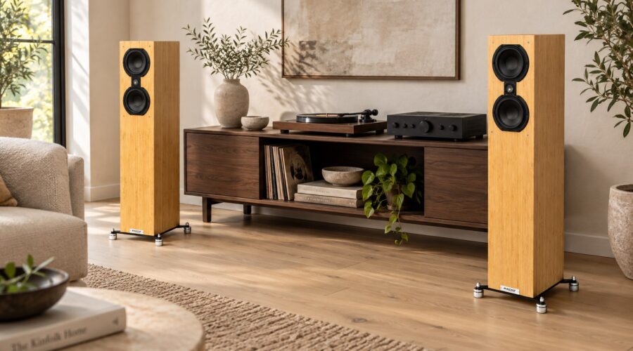 Bache Audio Sofia 102 bamboo floorstanding speakers in a contemporary living room