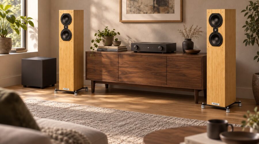 Bache Audio Sofia 102 floorstanding speakers with a compact subwoofer in a living room