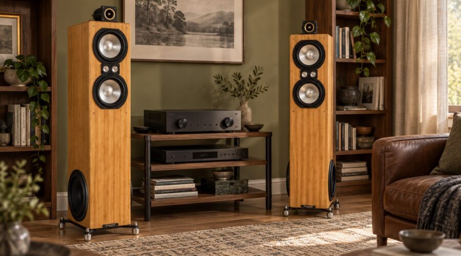 Bache Audio Sofia 104 bamboo speakers in a warm listening room with bookshelves