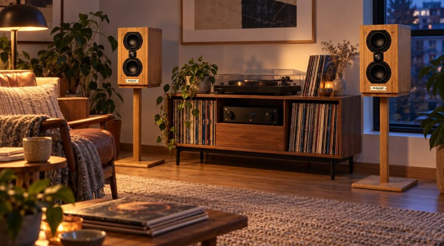 Sofia 101 bamboo speakers on wooden stands in a softly lit evening listening room