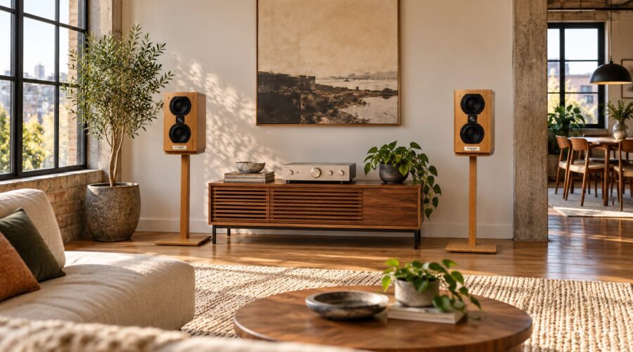 Sofia 101 speakers in a defined listening area beside an open dining space