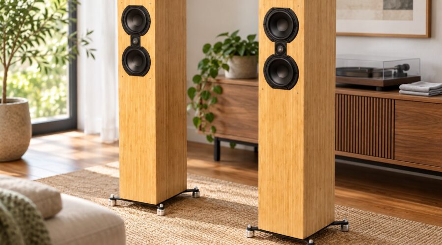 Sofia 102 bamboo speaker cabinets in a bright interior with a folded cloth on the console