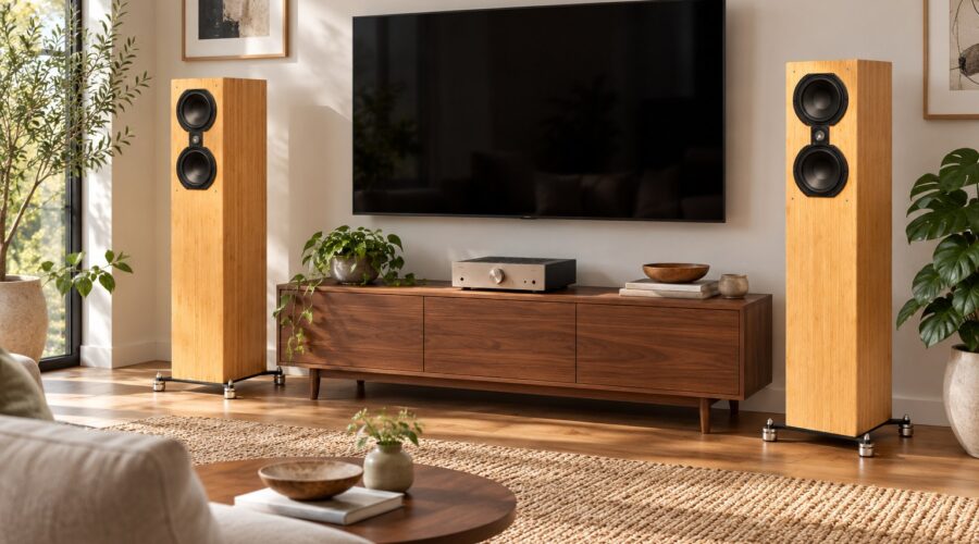 Sofia 102 floorstanding speakers flanking a television and stereo amplifier in a living room