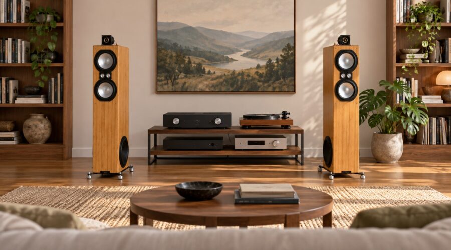 A pair of Sofia 104 bamboo speakers arranged symmetrically in a listening room